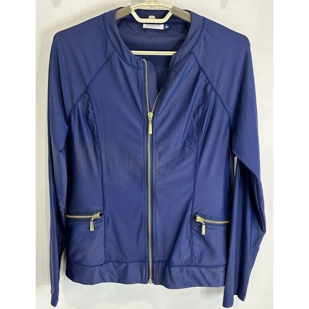 Cabana Life Long Sleeve Thumb Hole Full Zip Navy Blue Rash Guard Jacket Gold L